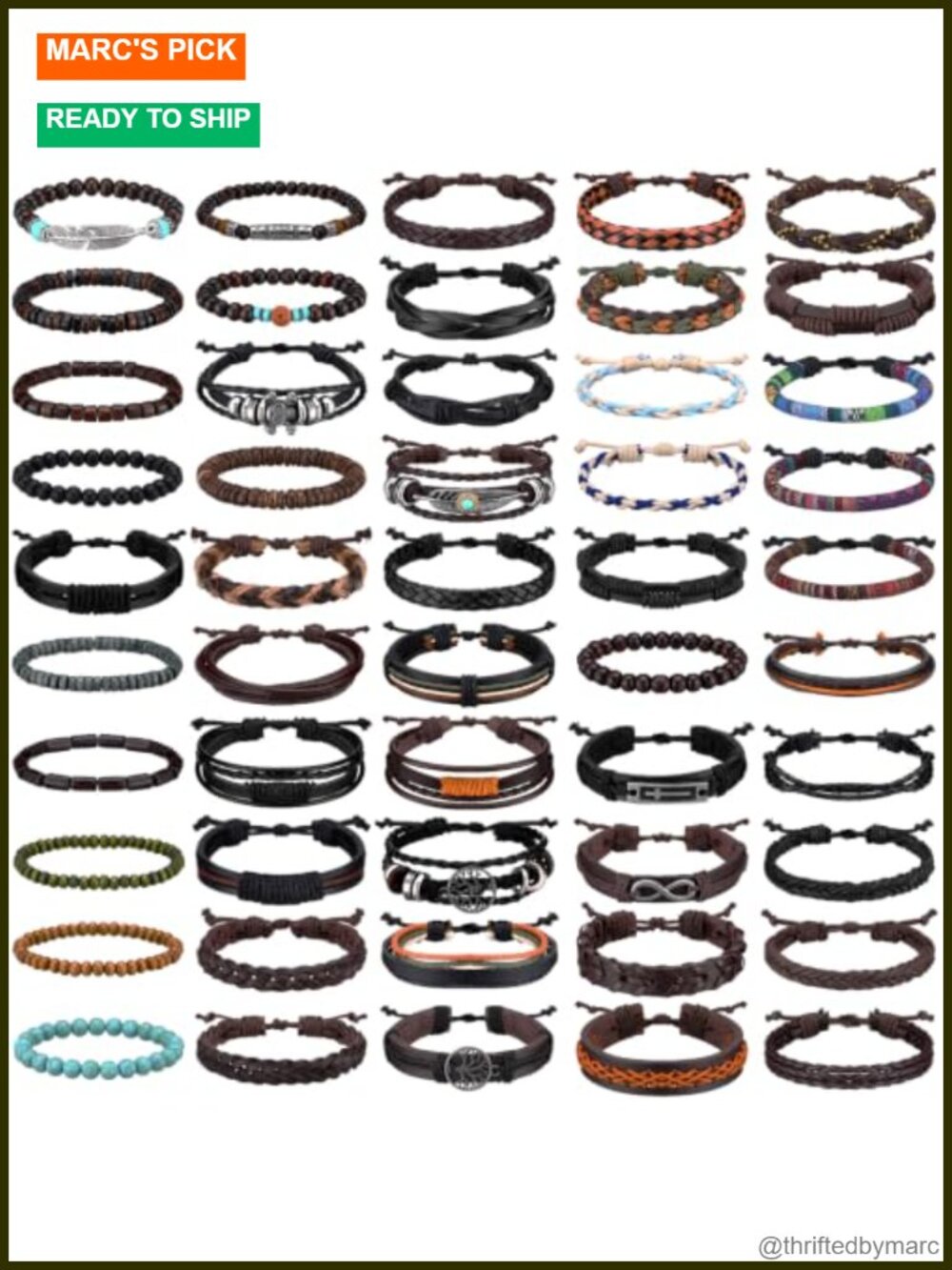 Braided Leather Bracelet Set Adjustable Cuff Wooden Bead 50 Pcs Unisex